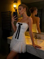 Hot Girl Strapless White Party Mini Dress Women's 2026 New Summer Design Bow Pleated Waist Tube-length Ruffled Short Dress
