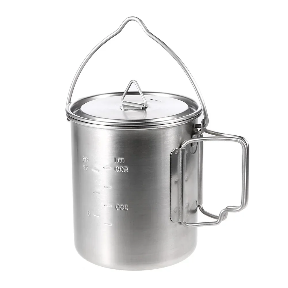 

750ml Titanium Camping Pot Portable Water Mug Cup with Lid and Foldable Handle Outdoor Camping Cooking Picnic Cup