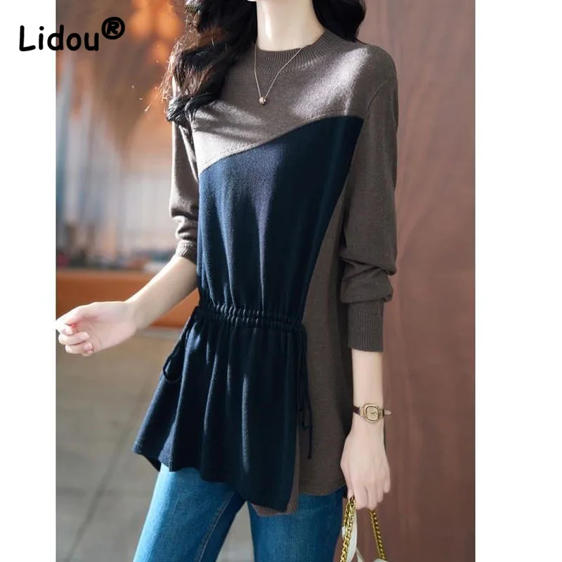 

Autumn Unique Irregular Two Fake Pieces Knitting Bottoming Pullovers Color Contrast Spliced Drawstring Design Women's Clothing