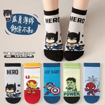 5 Pairs Spiderman Cotton Children's Socks iron Man Hulk Thor Anime kids Boys Short Socks Cartoon Baby Spring Summer Sock Y 1