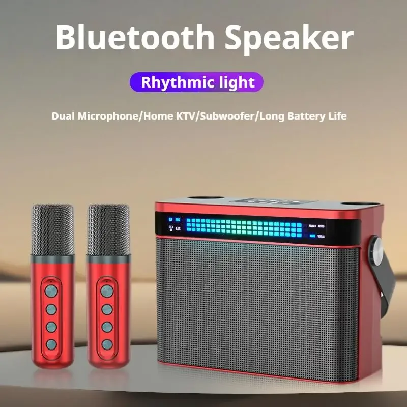 360° Karaoke Speaker with 2 Wireless Mics Colorful Party Lights Portable Bluetooth Machine for Home Family Singing