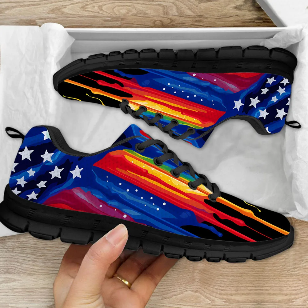 

INSTANTARTS Colorful USA Flag Tie Dye Print Women's Mesh Sneakers Breathable Lace-up Sport Tennis Shoes Outdoor Work Flats Gifts