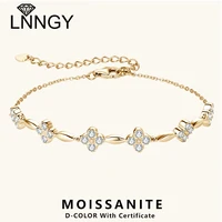 Lnngy 2mm Moissanite Bracelet 925 Sterling Silver Four-leaf Flower Adjustable Chain Bracelets for Women Girl Charm Hand Jewelry