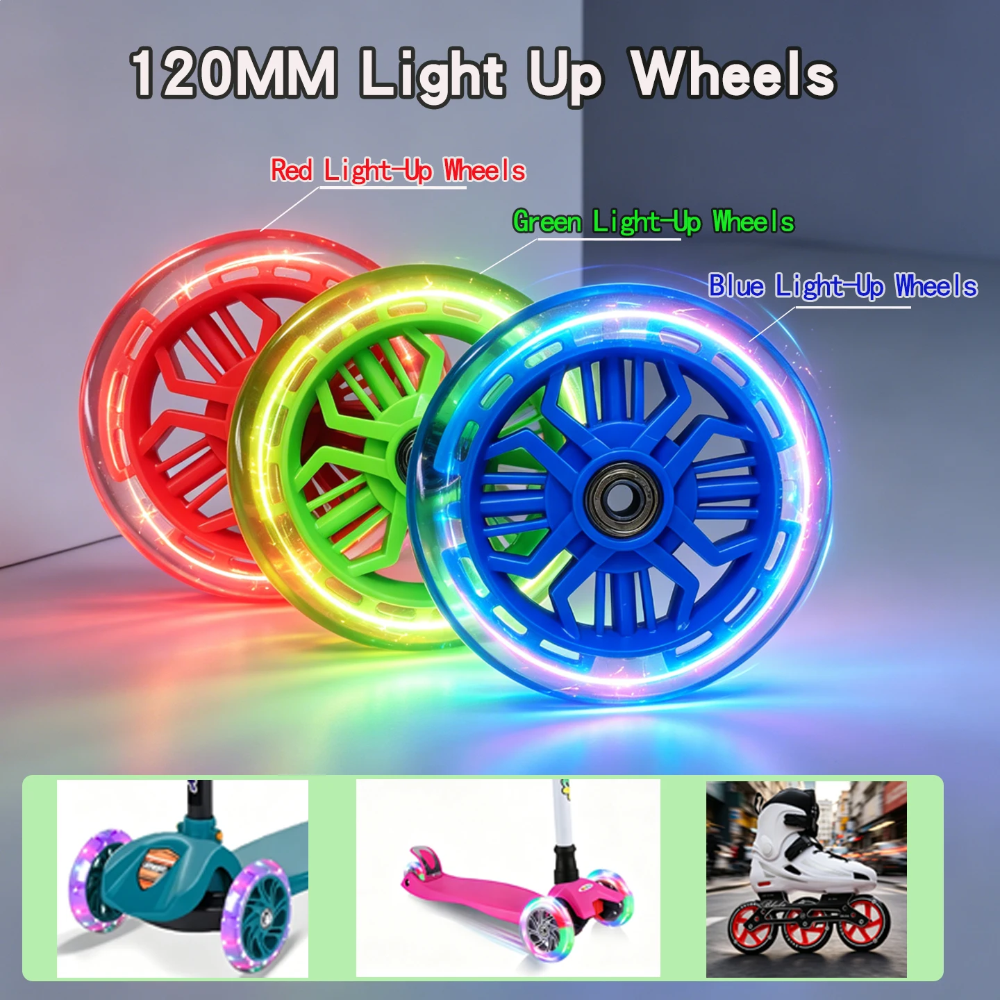 2개의 120×24mm 라이트업 휠: 인라인 스케이트 및 어린이용 스쿠터용 베어링이 있는 저소음 및 내구성이 뛰어난 PU 교체용 휠, 지원 제공