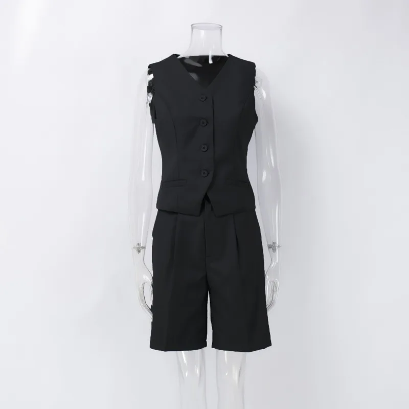 V-Neck Sleeveless Female 2 Piece-Set Casual Slim Straight Trousers Pocket Solid High Street Outfits Fashion Shorts Sets