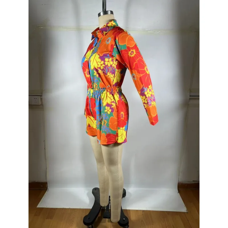 Flower Printed Women 2 Piece Set  Tracksuit 2024 Summer Long Sleeve Loose Shirt Elastic Waist Shorts Vacation Outfit Streetwear