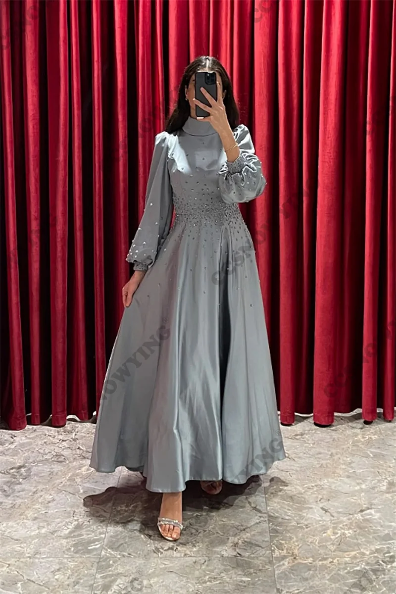 

Elegant Appliques Beaded Muslim Evening Dresses Long Sleeve Islamic Formal Party Gowns High Neck Women Arabic Robes De Soirée