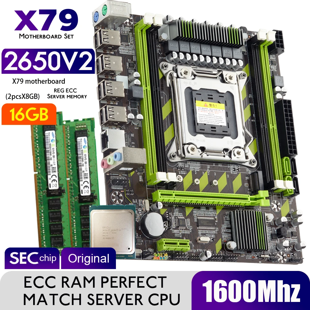 Atermiter X79 Motherboard with XEON E5 2650 V2 CPU 2*8GB = 16GB DDR3 1600MHZ REG ECC RAM Memory Combo Kit Set NVME SATA Server