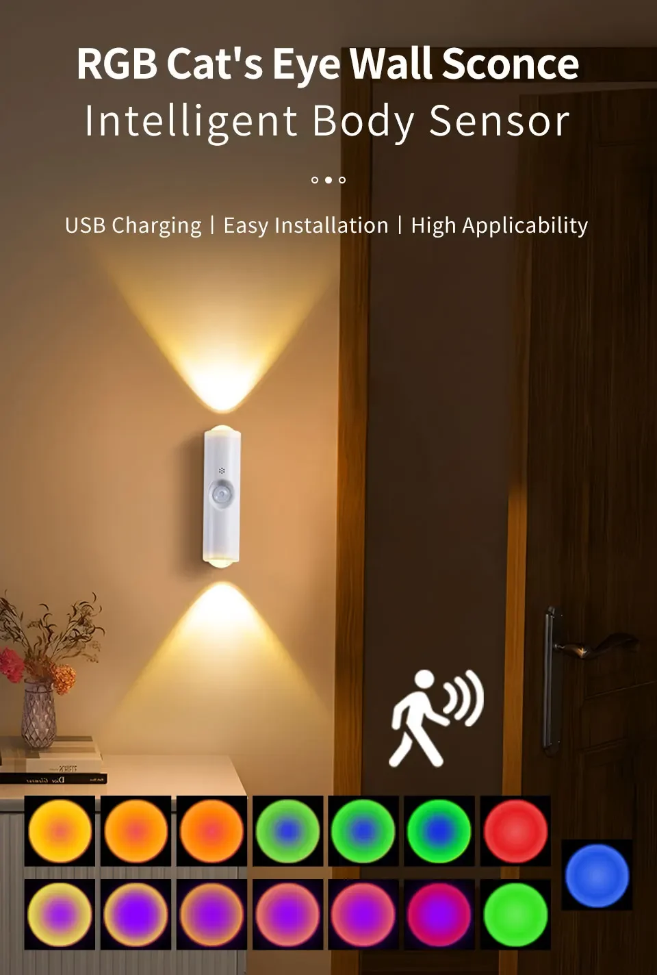 Motion Sensor RGB LED Night Light - Rechargeable Magnetic Wall Lamp for Mood Ambient Lighting