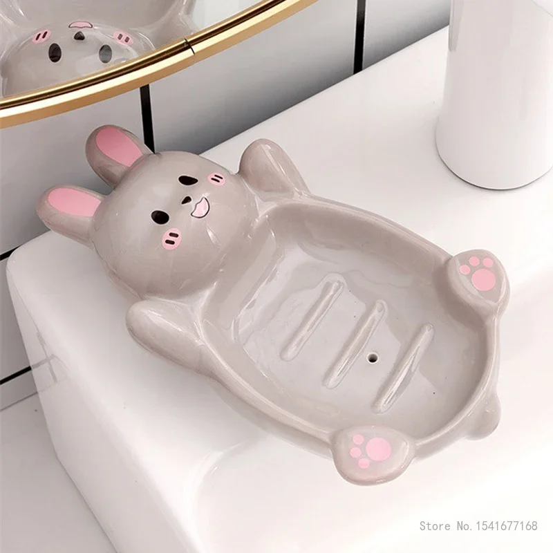 Cute Bunny Shaped Ceramic Drain Soap Box, Creative Light, Luxury, Kitchen, Bathroom Accessories, Soap Dish Storage Box, 1Pc