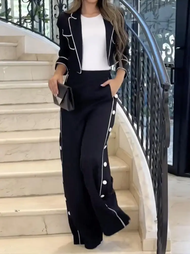 

Missuoo Urban Female 2024 New Commuter Pants Set Notched Collar Jacket and Side Buttoned High Waist Wide Leg Pants Casual Suits