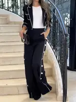Freeacy Women's Casual Pants Set Notched Collar Long Sleeves Coat and High Waist Side Buttoned Pants Office Ladies Two-piece Set - Image 5