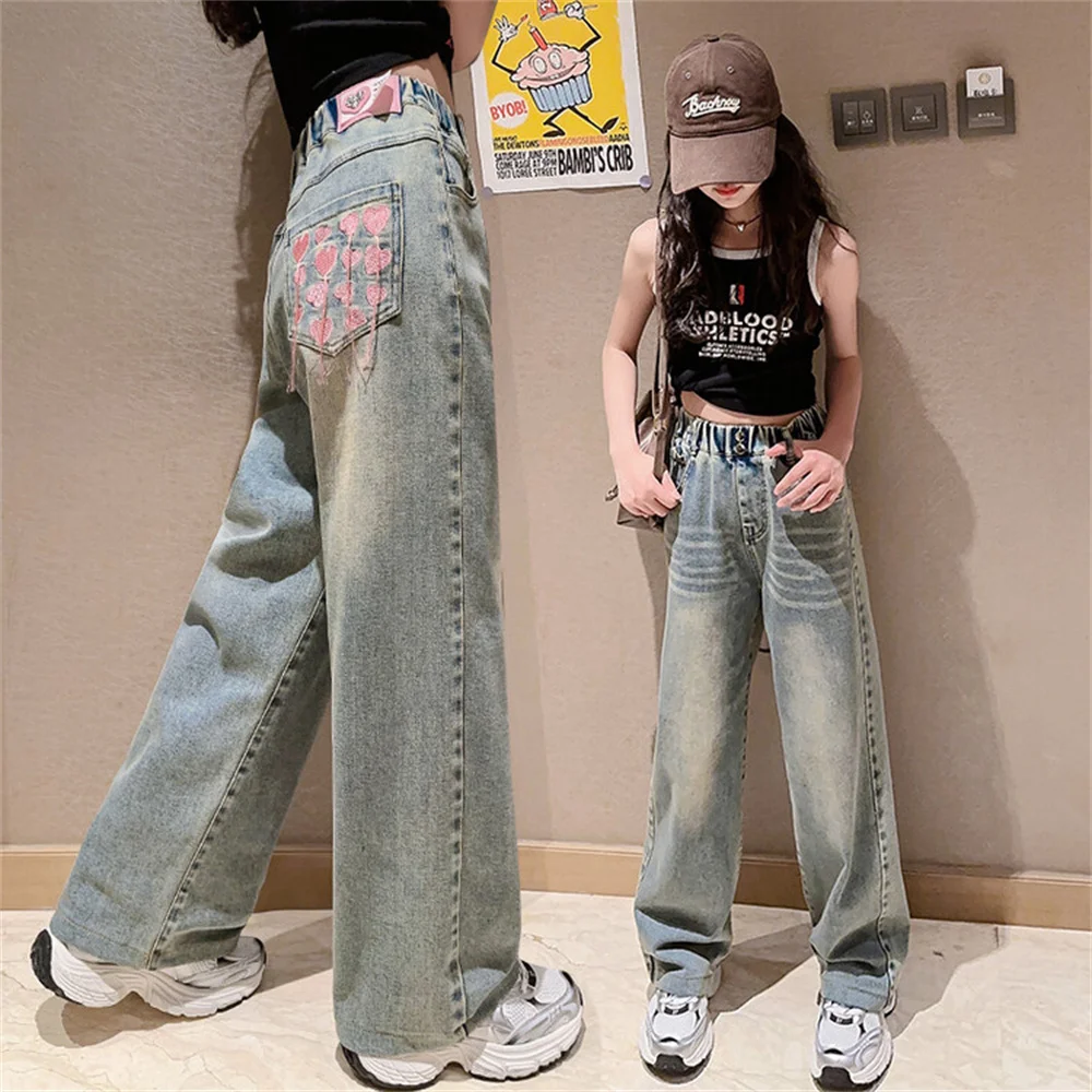 24006 자수 와이드 레그 팬츠, 패셔너블한 어린이 청바지, 여아 데님 청바지, 루즈한 캐주얼 바지