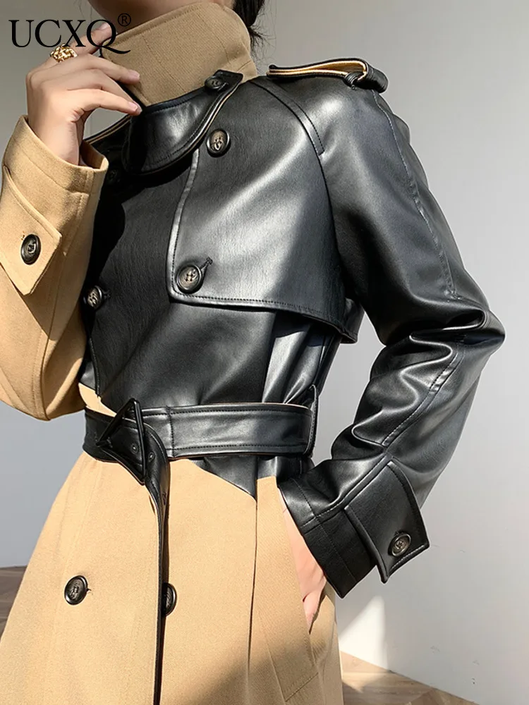 

UCXQ High Quality Vintage Turtleneck PU Leather Patchwork Tooling Trench Coat Women Spring Summer 2024 Windbreaker With Belt