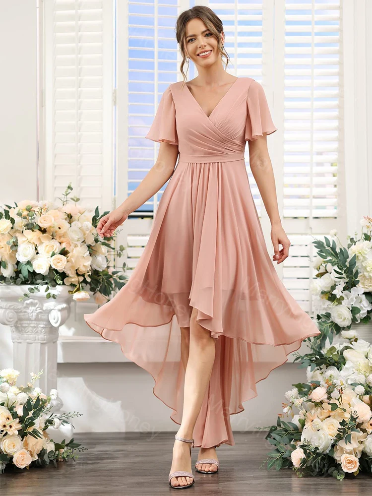 

High Low V Neck Chiffon Bridesmaid Dresses for Wedding Brides Summer A Line Ruffles Short Sleeve Formal Dress Evening Gowns