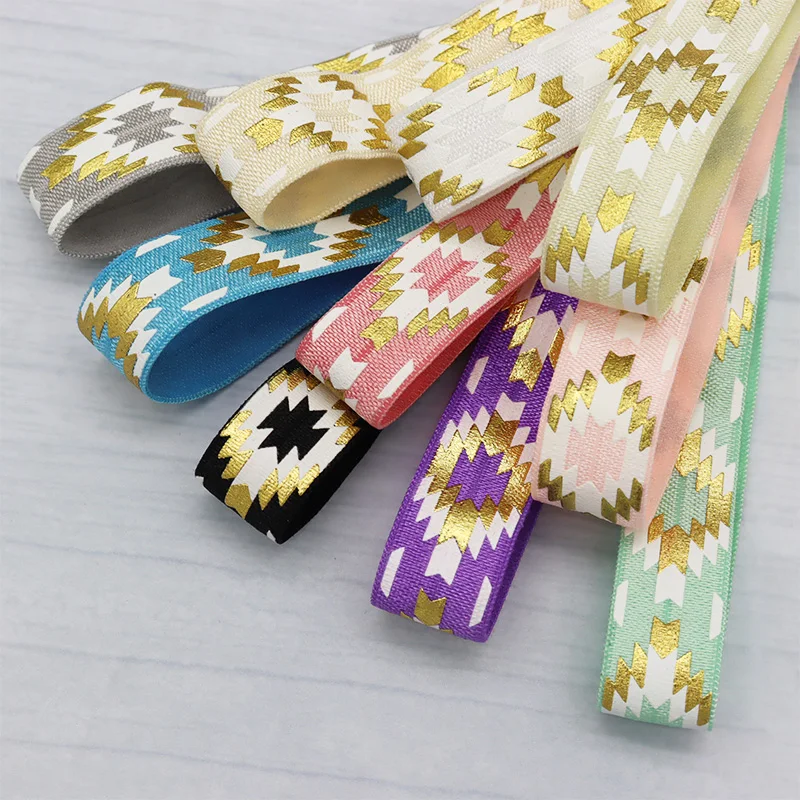 5/8" 15mm Gold Foil Ink Aztec Printed FOE Fold Over Elastic Ribbon For Headwear Hair Accessories Bracelet Sewing Accessories