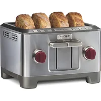 2024 Wolf Gourmet 4-Slice Extra-Wide Slot Toaster with Shade Selector, Bagel and Defrost Settings, Red Knob, Stainless Steel 1