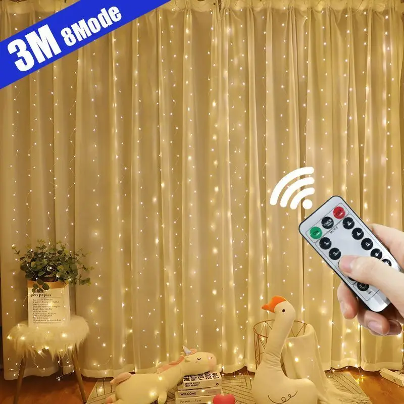 LED Garland Curtain Lights 8 Modes USB Remote Control Fairy Lights String for Christmas Decor Home Wedding Holiday Party Lamp