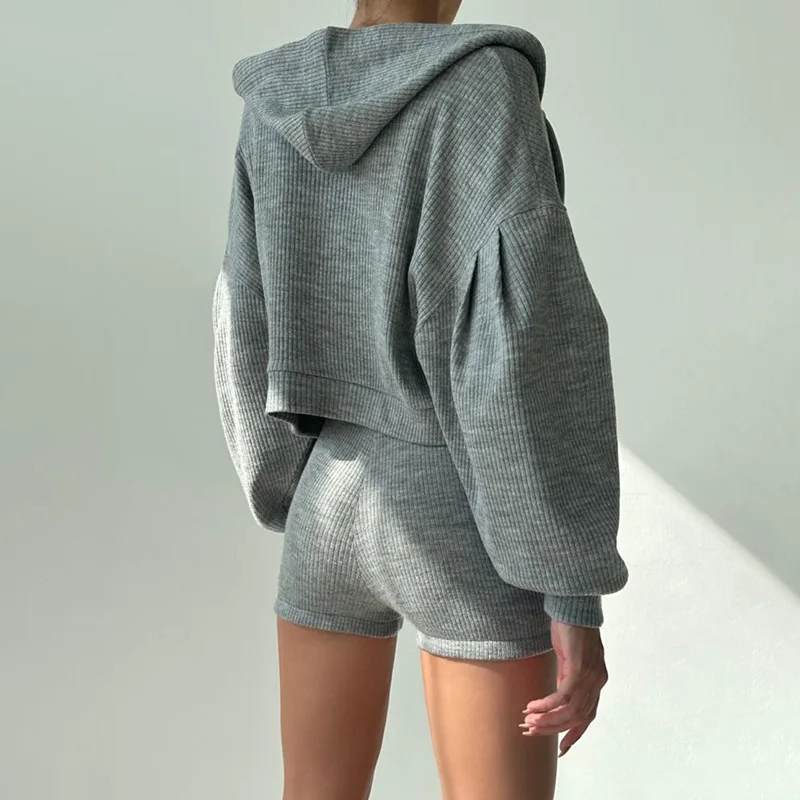 Women Clothing Crop Top Shorts Three Piece Set Knitted Zip Hooded Cardigan Sweatshirt 6