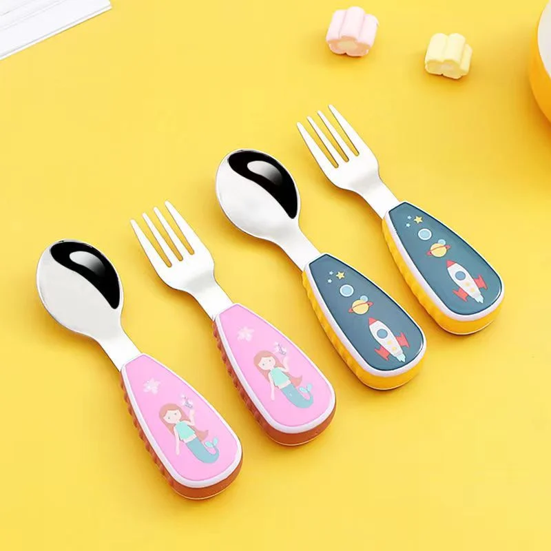 Baby Cutlery Set Children's cartoon spoon and fork set Lion Rocket Unicorn Baby cutlery Milk powder mixing 304 stainless steel