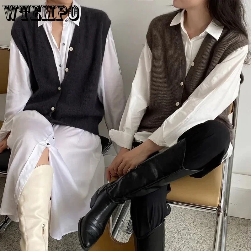 WTEMPO Women Spring Fall New Solid Button Sweater Vest Korean Elegant V-Neck Knitted Cardigan Vest Office Lady Commuter Knitwear