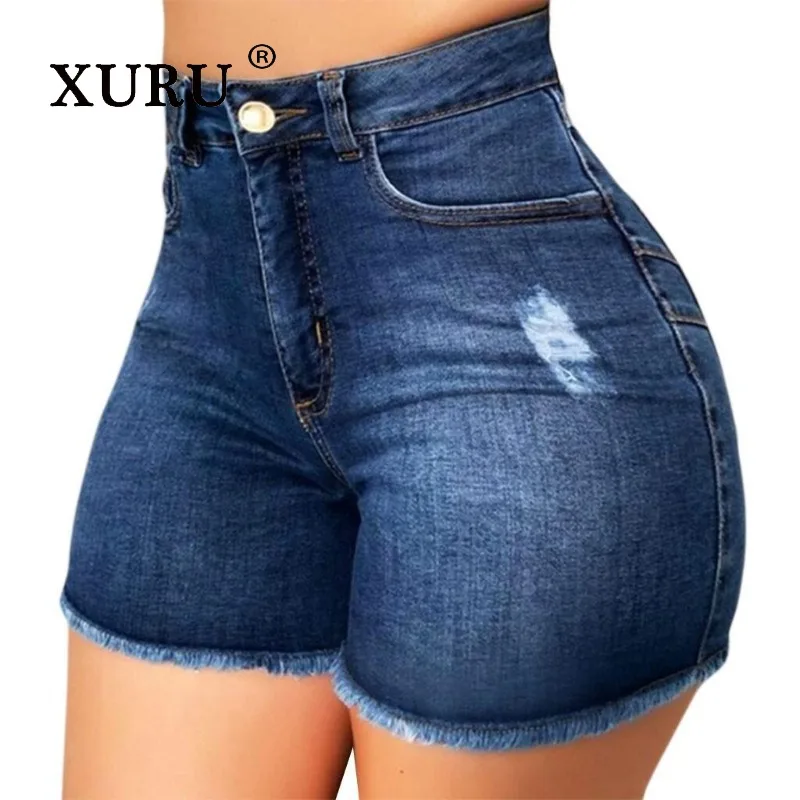 XURU-Europe and The United States New Broken Fringe Jeans Women's, High Street Elastic Slim Short Jeans N3-0000