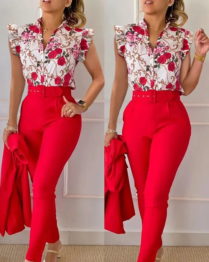 Womens Two Piece Pants Summer Womens Turn Down Collar Pant Sets Loose Print  Long Sleeves Shirt Pencil Trousers Office Lady From Romperpant, $27.55
