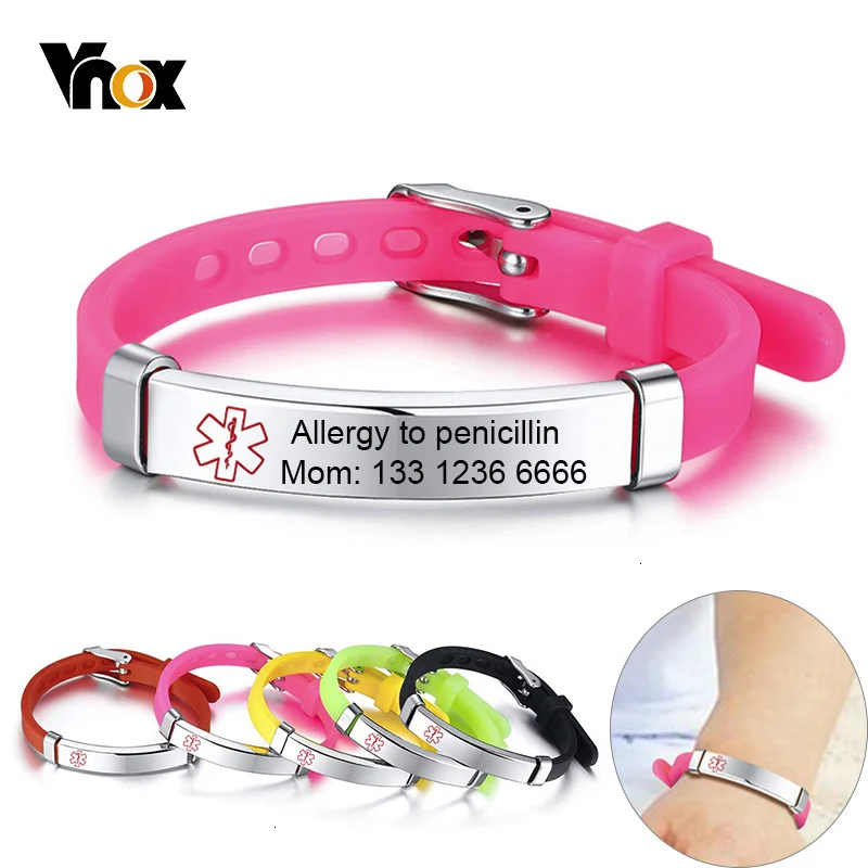 Vnox Customized Kids Medical Alert ID Bracelets for Boys Girls Anti Allergy Stainless Steel Silicone Personalize Emergency Info.