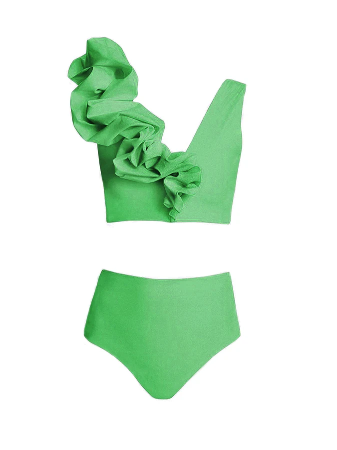 Green Solid Color Separate Fold Three-dimensional Flowers Youth Fresh Resort Quality High Waist Swimsuit And Printed Cover  Up