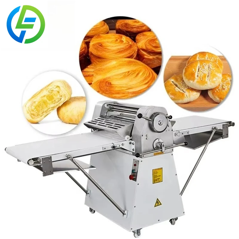 آلة فرد العجين الفولاذ المقاوم للصدأ عالية التحمل، مخصصة لإنتاج المخبوزات الهشة، بما في ذلك كرات ومخبوزات بيتزا وفرد العجين لعمل الكرواسان.