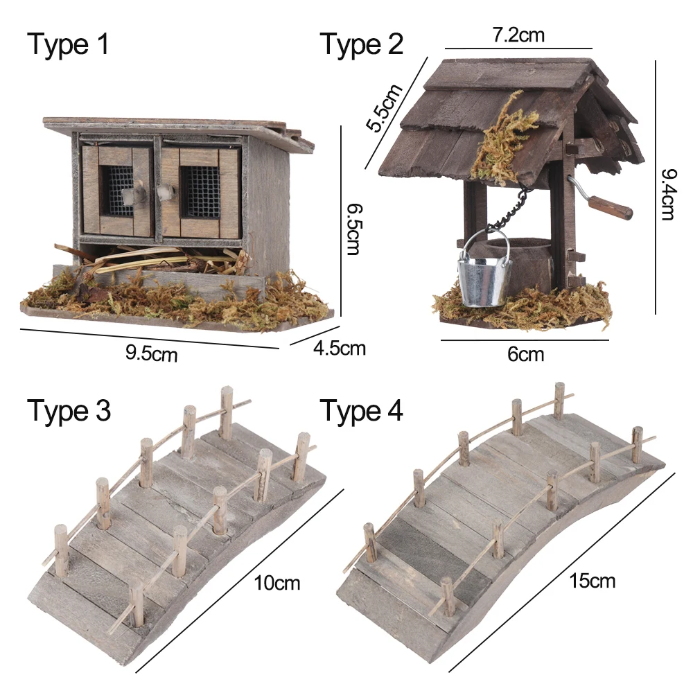 Dollhouse Mini Wooden Arch Bridge with Railing Water Well Chicken Coop Miniature Fairy Garden Micro Landscaping Decoration Model 6