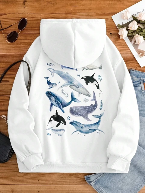 Felpa con cappuccio femminile con stampa balene oceaniche Felpe comode Harajuku Moda O-Collo Qualità con cappuccio Autunno caldo Streetwear Donna 2