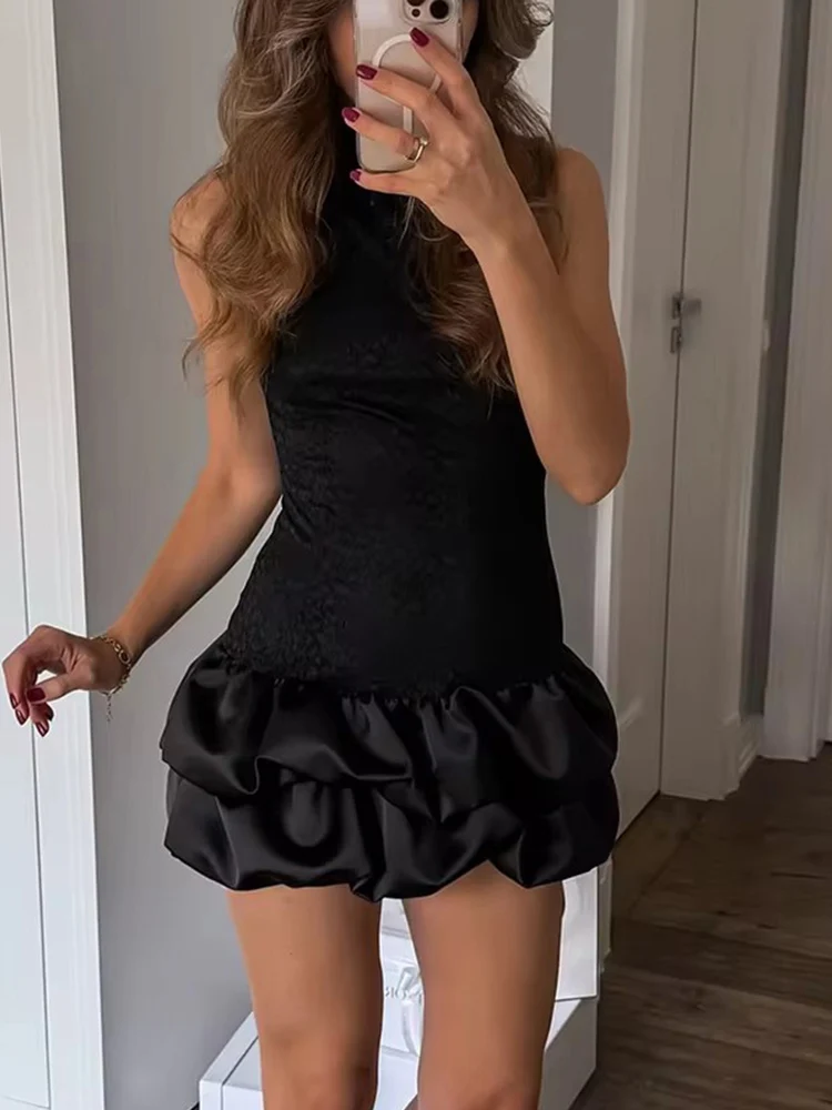 Women Fashion Splicing Lace Short Dress 2025 Summer New Street Sleeveless Ruched Mini Dress Elegant Holiday Party Dresses