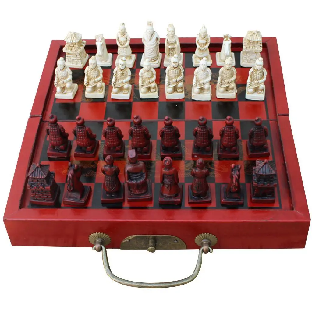 Foldable Vintage Chinese Chess Set Board Game Wood Chess Pieces Collectibles