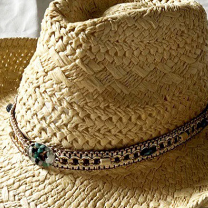 Handmade Woven Cowboy Straw Hat with Large Brim Design Men Women Outdoor Sunshade Fashion Decorative Band Ethnic Style Beach Hat
