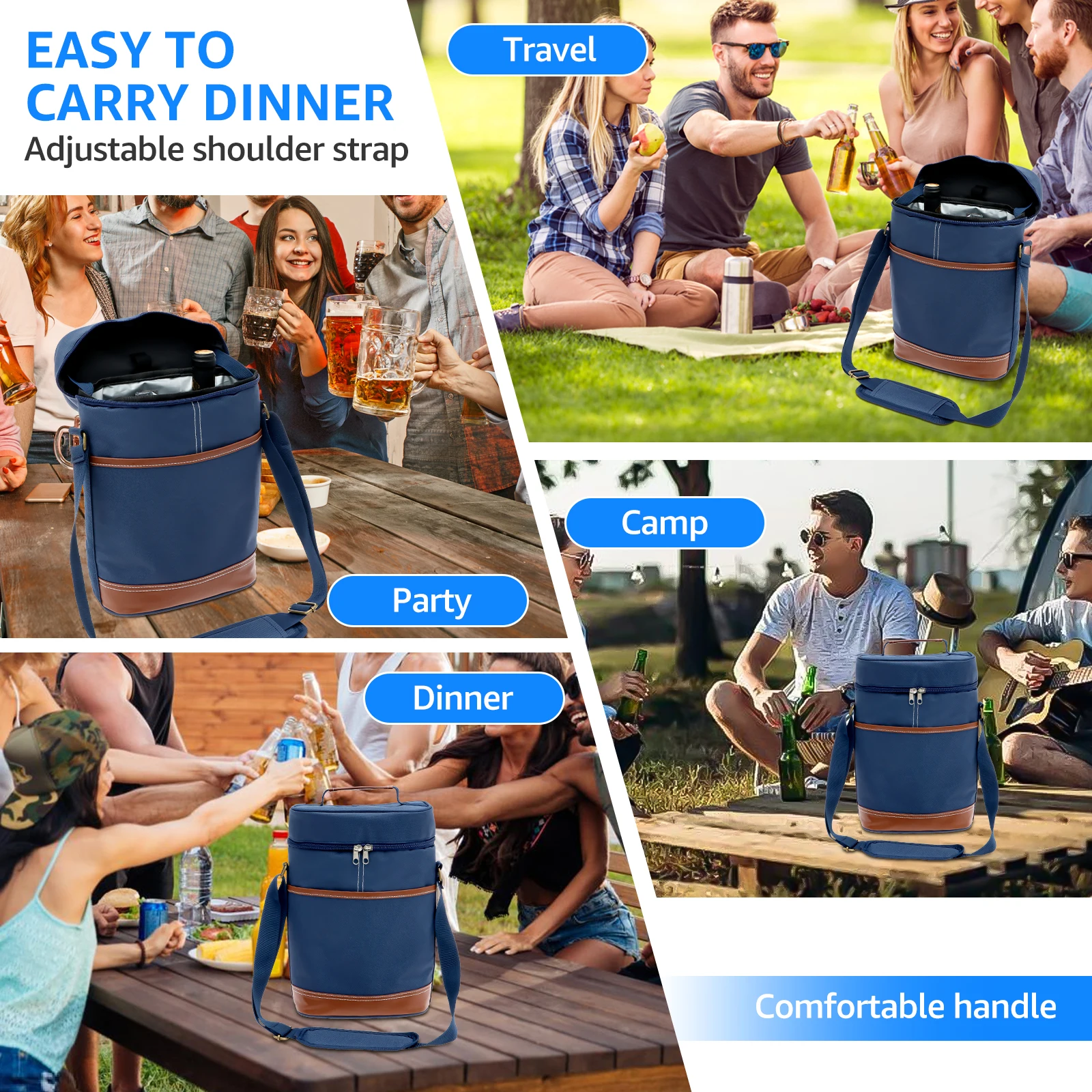 2 Bottle Wine Bag with Shoulder Strap and Leather Handle Leakproof and Insulated Wine Carrier for Travel BYOB Beach Dinner Party