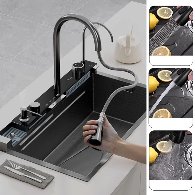 304 Stainless Steel Kitchen Sink Double Waterfall Single Slot Integrated Digital Display Faucet Set Soap dispenser Cup Washer 3