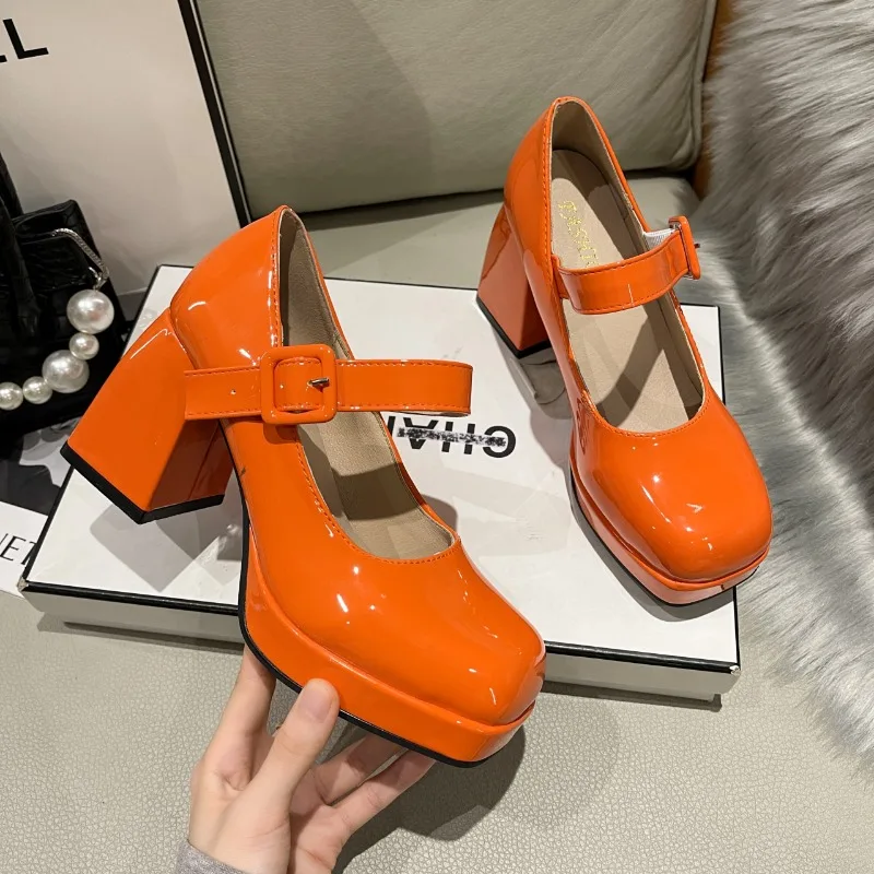 

New Height Increasing Square Toe Shoes Fashionable Thick Heel Leather Strap Pin Buckle High Heel Mary Jane Shoes for Women 2024