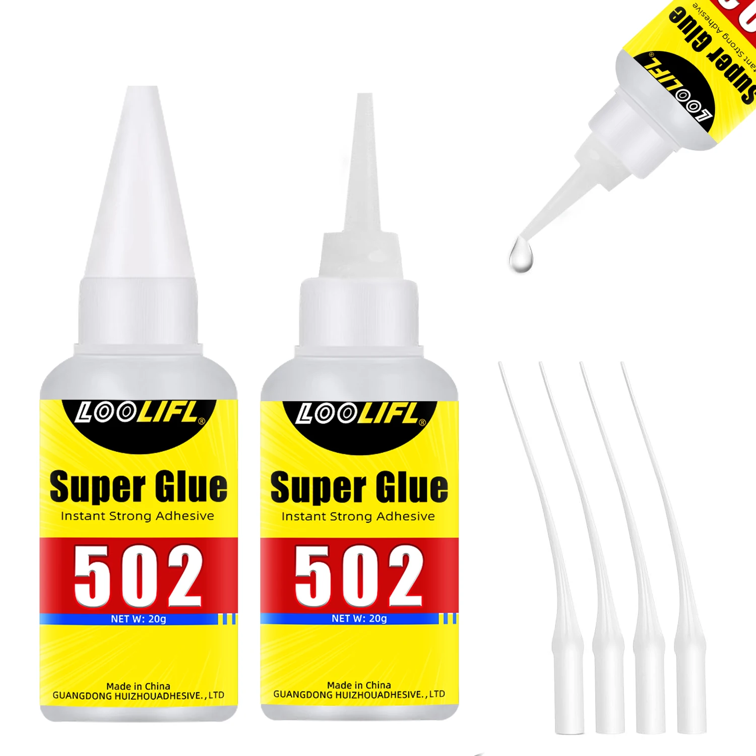 Gros plan sur une goutte de colle cyanoacrylate 502Y 20g s'écoulant de l'embout.