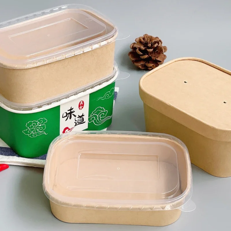 

50pcs Disposable Kraft Paper Lunch Box Thick Rectangular Takeaway Packaging food grade Microwave Bento Box with lid