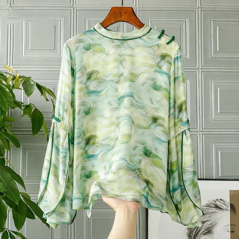 

2023 Spring New Print Lantern Sleeve Temperament Chiffon Shirts O Neck Loose Comfortable Blouses Elegant Fashion Women Clothing