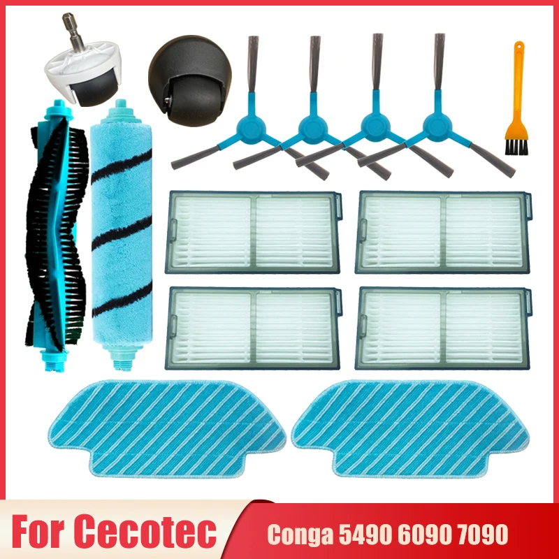 Peças do filtro Hepa para Cecotec Conga, aspirador robô, lateral, rolo macio, tampa da escova, esfregão, substituição da roda de pano, 5490, 6090, 7090