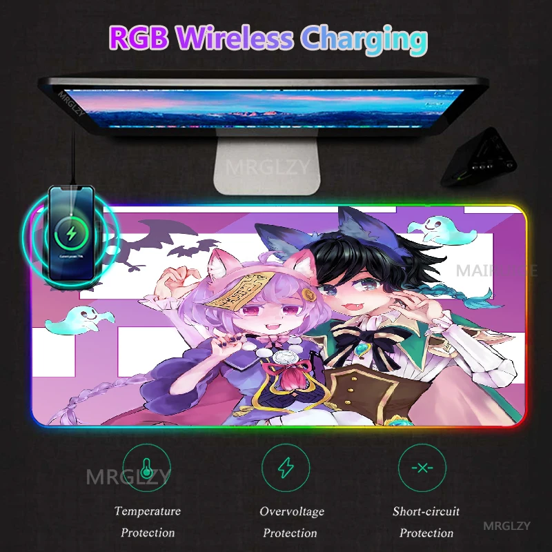 

RGB Wireless Charging LED Genshin Impact Barbatos Desk Mats Typec Charger Mat MousePad Venti Qiqi Gaming Accessories Mouse Pad