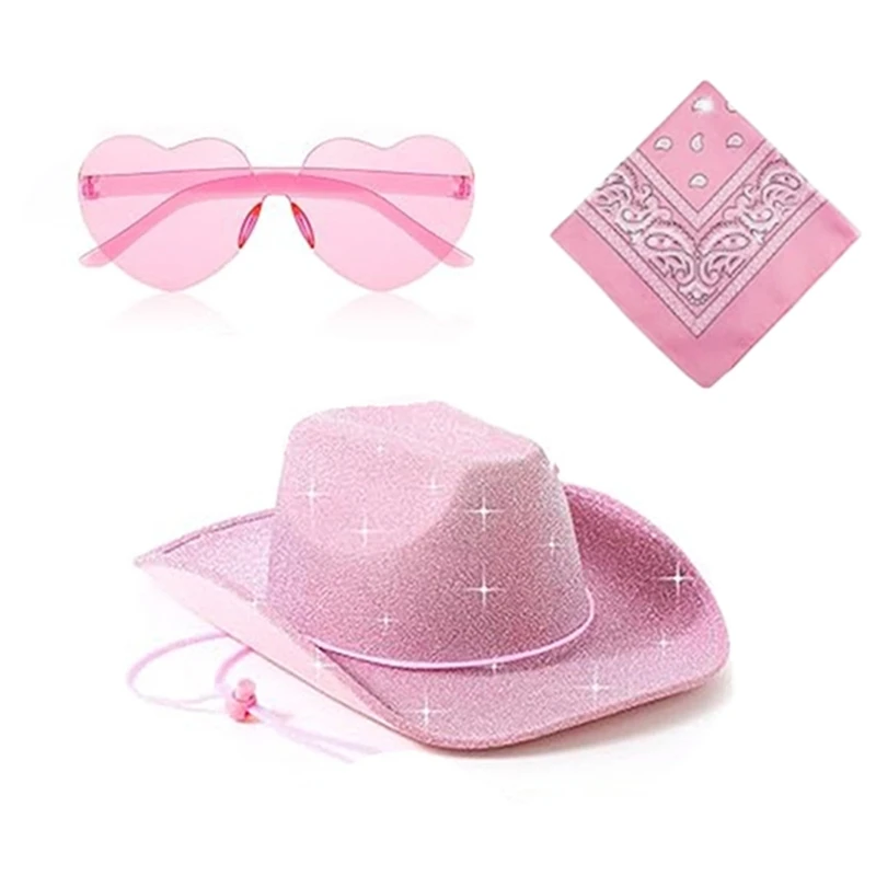 Cowboy Hats Cowgirl Hats Glitter Pink Cowboy Hat Sunglasses Scarf Theme Party Costume Stage Props Outfit