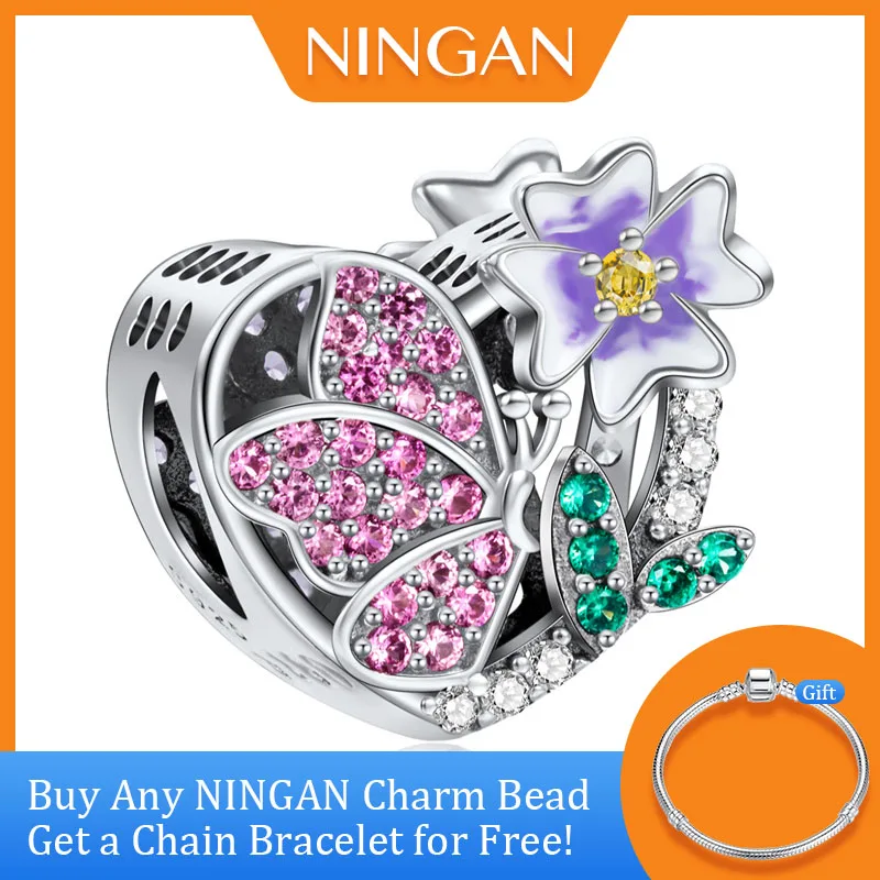 

NINGAN February Birthday Flowers Beads Original 925 Sterling Silver Birthstone Charms Fine Jewelry for Women Bracelet Bangle