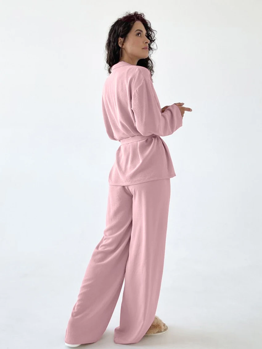 Marthaqiqi Loose Women Pajamas Suit Sexy Turn-Down Collar Sleepwear Long Sleeve Robe Lace Up Nightgowns Pants Causal Home Clothe