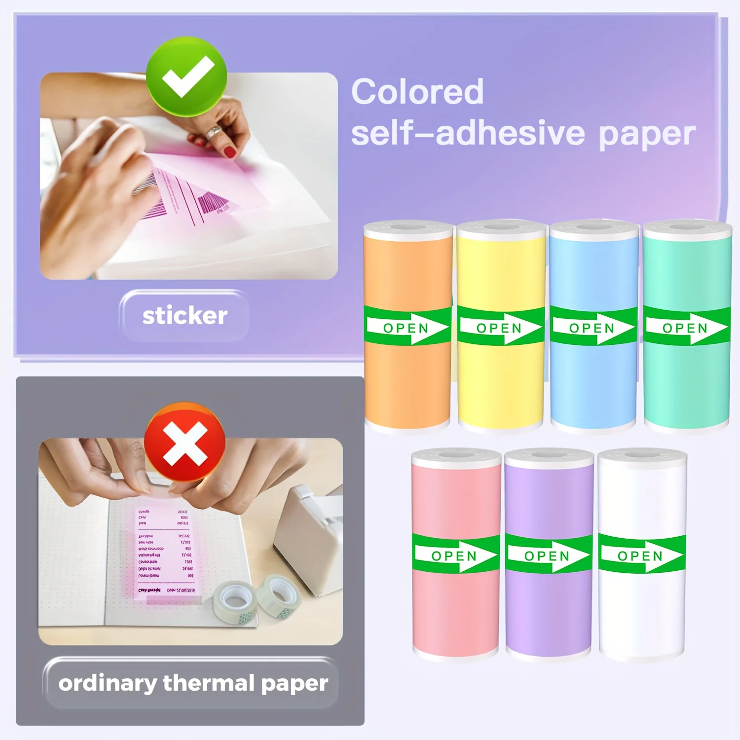 7/14 Roll Portable Mini Printing Paper, Color Adhesive Paper, Self-Adhesive Printing Paper, Printer Label Stickers，57*25mm