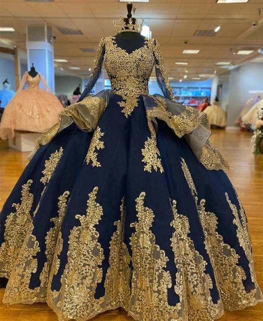 royal blue with gold quince dress Blue Gold Quinceanera Dress