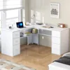 White L Shaped Desk with Drawers Shelves, Large Home Office Corner Computer Desk with Storage File Cabinet, Modern Metal Wood D 3