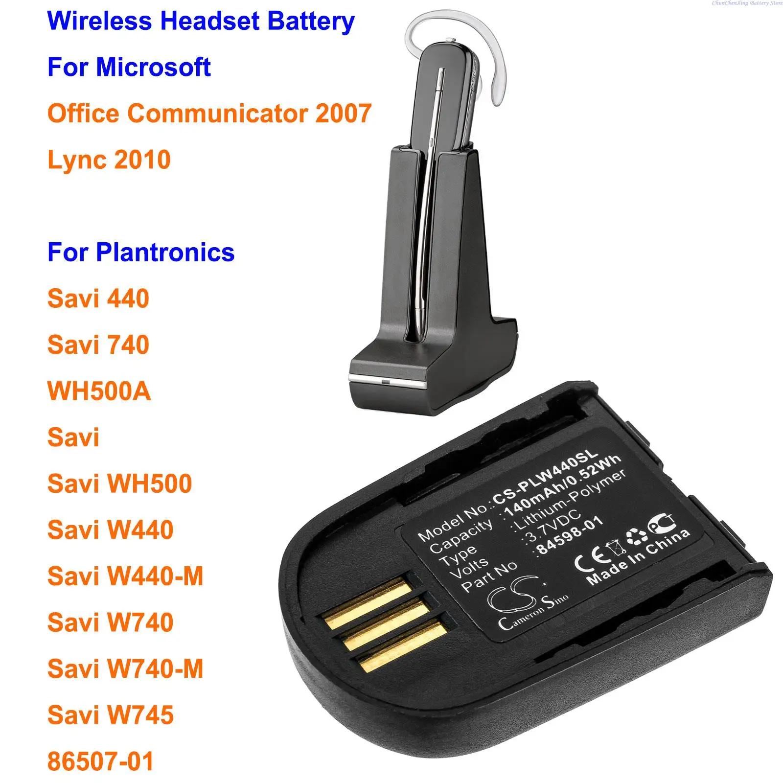 

140mAh Battery 84598-01 for Plantronics Savi 440, 740,W440,W440-M,W740,W740-M, W745, WH500, For Microsoft Lync 2010